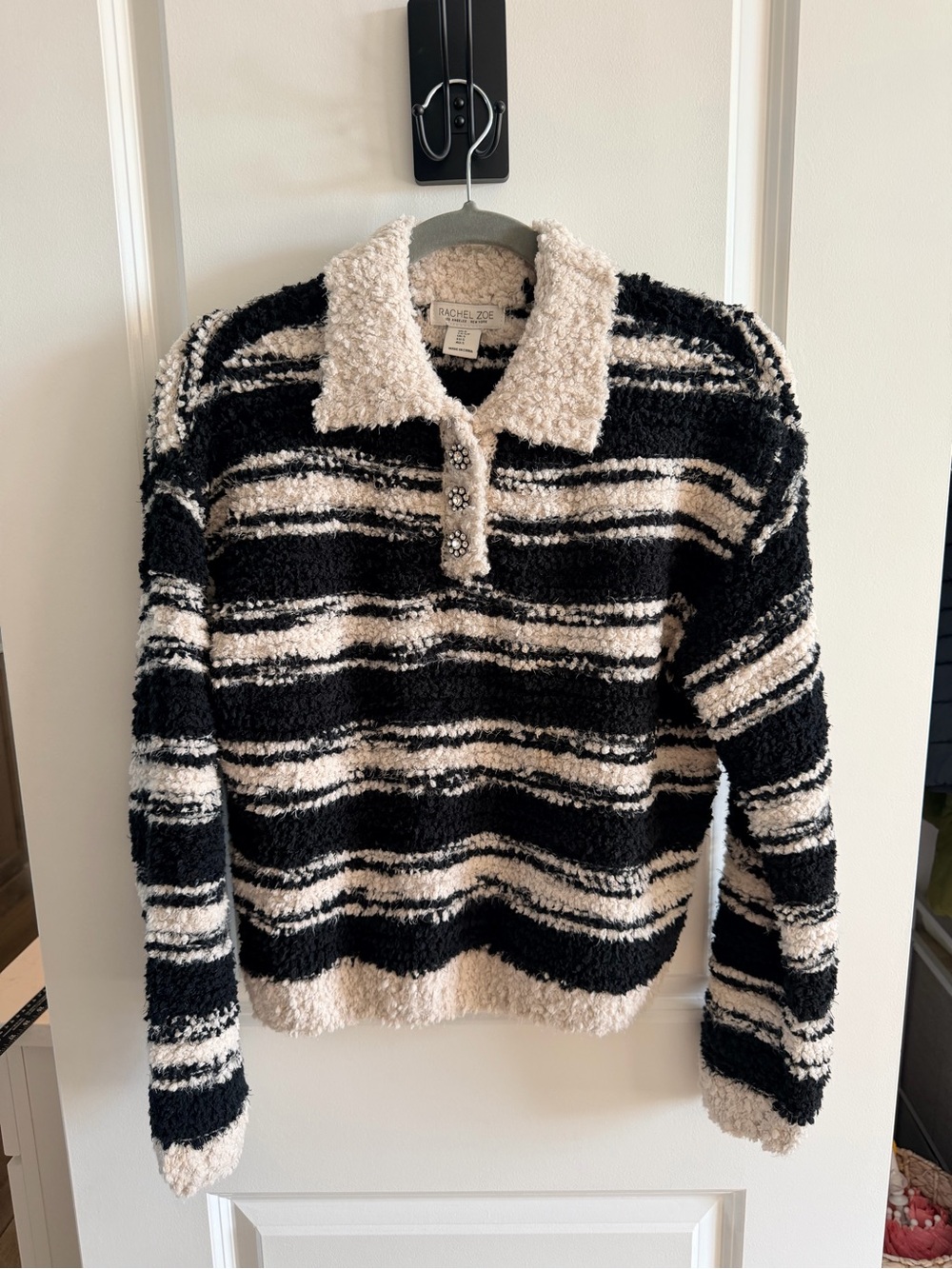 Rachel Zoe Striped Boucle Sweater Sherpa Collar Jeweled Buttons S
